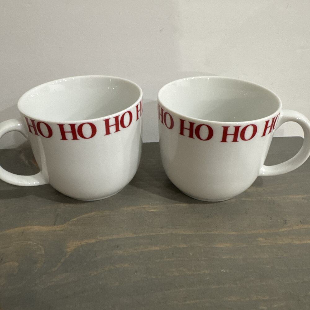 Crate & Barrel “HO HO HO” 12oz Mug Cup Red White Christmas Set Of 2